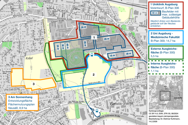 Entwurf Bebauungsplan 306 (Neubau Uniklinik) und Bebauungsplan 300 (Medizinische Fakultät). Klinikpark und angrenzende landwirtschaftliche Flächen sollen komplett bebaut werden | Foto: Grafik: Dr. Dietmar Kuhlmann, Neusäß, 02/2026
