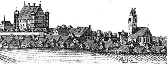 Das Dorf Hurlach mit Kirche, Gasthof und Schloss um 1700 - Kupferstich von Michael Wening (1645-1718) - Blick aus südöstlicher Richtung   | Foto: Archiv von JMEM Hurlach bzw. Archiv des Landsberger MarriageWeek-Forums