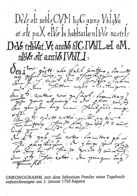 Lateinisches Chronogramm und Tagebuch-Eintragungen des Hurlacher Schlossbesitzers Sebastian Josef von Pemler (1718-1772) am 1. Januar 1750
