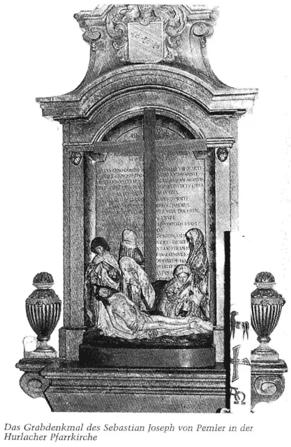 Das Grabdenkmal des S. J. von Pemler in der Hurlacher Pfarrkirche mit dem Wappen der Familie von Pemler