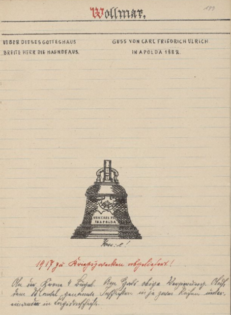 Über dieses Gotteshaus
Breite Herr diene Haende aus.

Guss von Carl Friedrich Ulrich
In Apolda 1882
