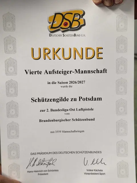 Damit ist der Aufstieg in die 2. Bundesliga Ost Luftpistole für Potsdam amtlich.