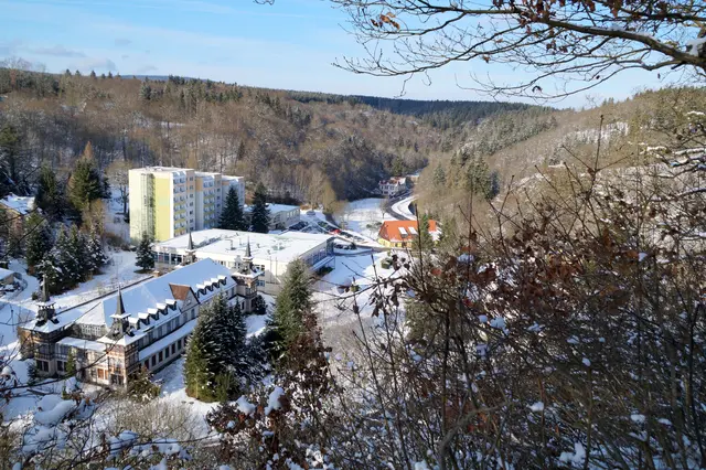 Blick vom Birkenhäuschen , im Hintergrund das Morada Hotel Alexisbad