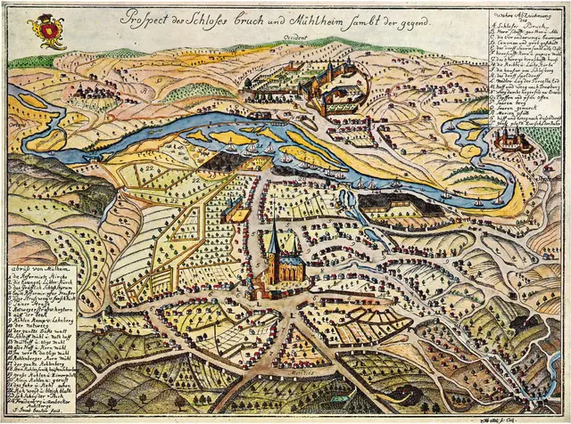 Weitere alte Fundamente der Luther-Kirche auf der die Paulikirche errichtet wurde befinden sich heute noch unter dem Parkplatz "Delle". In Köln würde man dort Ausgrabungen anstrengen.
Auf der Karte Ziffer "2"
Das ursprüngliche Gotteshaus wurde im Jahr 1658 gestiftet vom Grafen Wilhelm Wyrich (Broich) | Foto: Archiv-KKRR