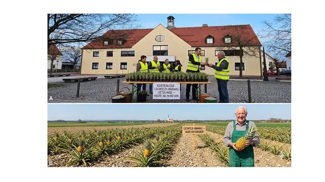 A) Zeigt die Probeausgabe der Setzlinge vor dem Rathaus mit der angekündigten Beschilderung am Tag vor dem 1.4.2026.

B) Zeigt Alois Kiesgruber stolz auf seinem Ananas-Feld auf dem Lechfeld. | Foto: (c) April April