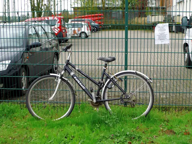 Fahrrad auf Grünstreifen, angelehnt am Gitterzaun. Ort: Parkplatzanlage Hauptbahnhof Wesel. Beschriftetes DIN A4 Papierblatt der Stadt Wesel mit Aufklärungshinweis. (siehe oben rechts im Bild)  | Foto: Siegmund Walter, 26.03.2026, 9:24 Uhr