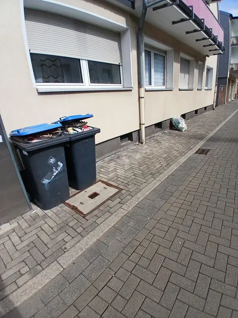 Sachstand Karfreitag 03.04.2026. Brandstraße Innenstadt Wesel. (Abfuhrbezirk 7)
Links im Bild zwei Mülltonnen für Papier und Pappe mit offen stehen Deckel.
(Der Deckel von Mülltonnen sollte grundsätzlich geschlossen sein)
Offizieller Abfuhrtermin laut Abfall- und Wertstoffkalender: 07.04.2026.
Rechts im Bild ein gelber Sack auf dem Bürgersteig an Hauswand angelehnt. Offizieller Abfuhrtermin laut Abfall- und Wertstoffkalender: 15.04.2026. | Foto: Siegmund Walter, 03.04.2026, 12:53 Uhr