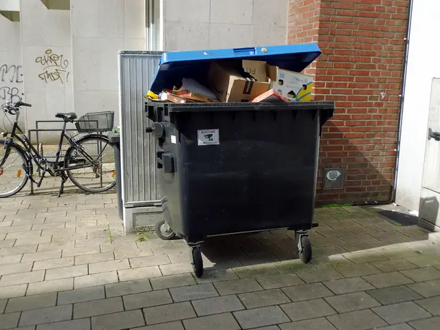 Sachstand Karfreitag 03.04.2026. Goldstraße, Innenstadt Wesel. In unmittelbarer Nähe der Stadtwacht (Abfuhrbezirk 10) Überfüllter Rollcontainer für Papier und Pappe mit weit offen stehenden Deckel. (Der Deckel der Mülltonne sollte grundsätzlich geschlossen sein)
Offizieller Abfuhrtermin laut Abfall- und Wertstoffkalender: 09.04.2026 | Foto: Siegmund Walter, 03.04.2026, 12:33 Uhr