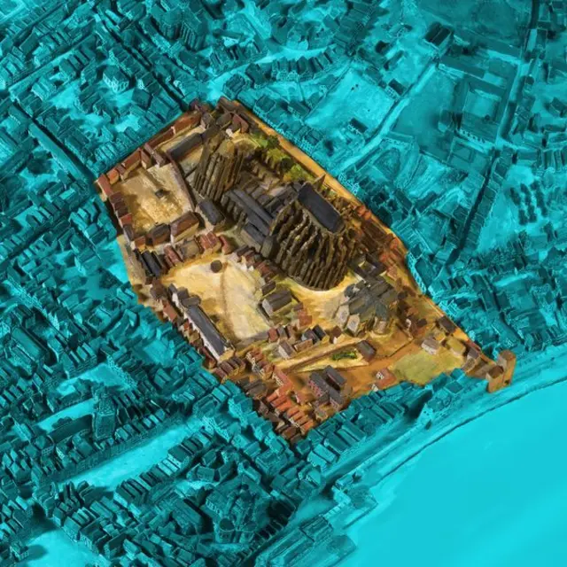 Beispiel aus der Webseite AltesKoeln - der Schreinsbezirk "Hacht" mit dem Kölner Dom zur Zeit 1571 | Foto: Bernd Pirschtat, Mülheimer Kunstverein KKRR