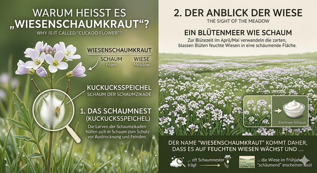 Von der zweiten Erklärung des Namens Wiesenschaumkraut habe ich bisher nichts gehört oder gelesen. (KI Gemini)