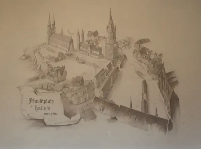 St. Gertruden Kirche, nutzten die Salzwirker und ihre Familien, linker Hand, 
St. Marien, Kirche der Kaufmannsfamilie und Mitglieder der Handwerksinnungen, mit dem Roten Turm
die Grafik hängt am Edeka Hallmarkt