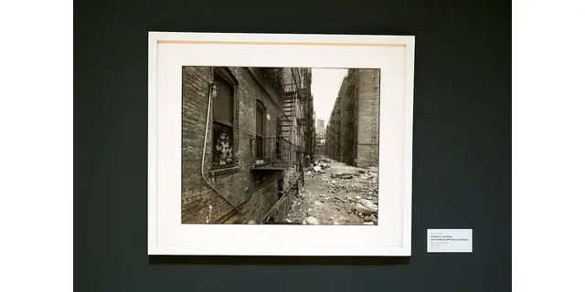 Titel: children in window, man walking with dog in garbage von Fotograf Bruce Davidson
Von Fotografie Ausstellung: Zwischen Blick und Begegnung – Tiere in der zeitgenössischen Fotografie.