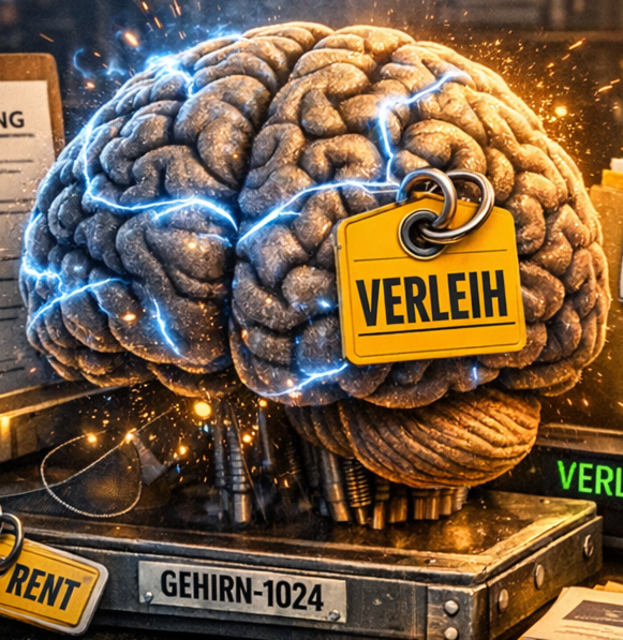 Logo des neuen Unternehmens in der Ruhrtalstadt Mülheim "GEHIRNVERLEIH" , das erste Unternehmen dieser Art weltweit, gegründet 2026 im AIRL-Lab, Mülheim an der Ruhr | Foto: Andreas Ingramm