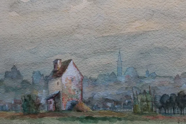 Das ehemalige Krautgartenhäuschen im Friedberger Krautgarten, mit Friedberger Kulisse: Schloss und Stadtpfarrkirche. Erich Nüchter, Aquarell.