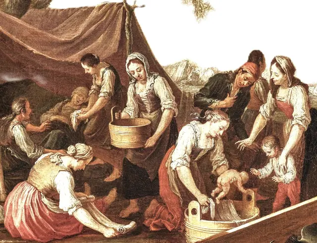 Ausschnitt aus einem Bild des Augsburger Barockmalers Georg Phillipp Rugendas, das rechtlose Marketenderinnen im Tross eines Soldatenheeres der Religionskriege zeigt. Haben wir diese Rolle den Kurganvölkern zu verdanken? 