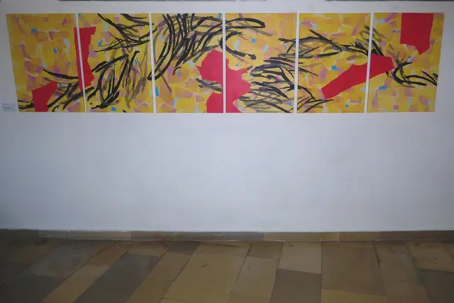 Indian Summer, 2025, 70 x 300 cm, sechsteilig, Linoldruck mit Collage, Papier auf Keilrahmen.