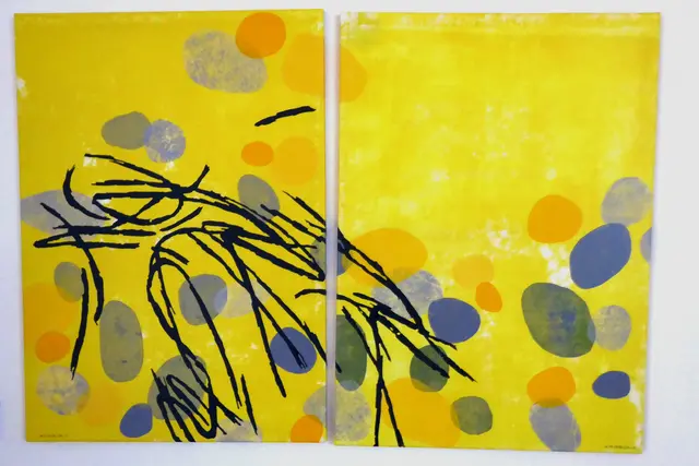 Arylide yellow  2024  (zweiteilig) Monotypie / Linoldruck / Collage auf Papier / Leinwand, 70 x 100 x 1,5 cm. 
