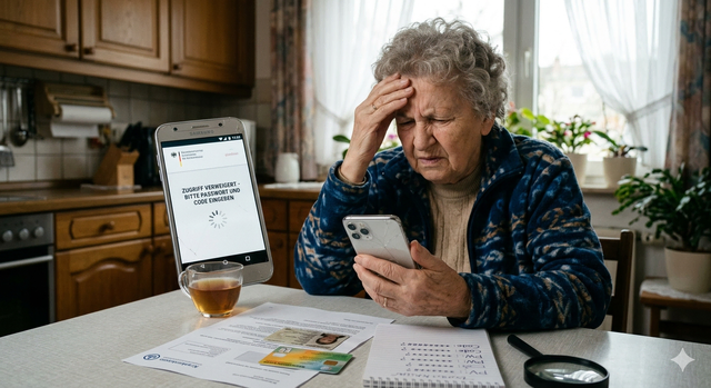 Eine ältere Dame, die frustriert mit ihrem Smartphone kämpft, um sich vergebens bei der ePA anzumelden. | Foto: Ries/ki