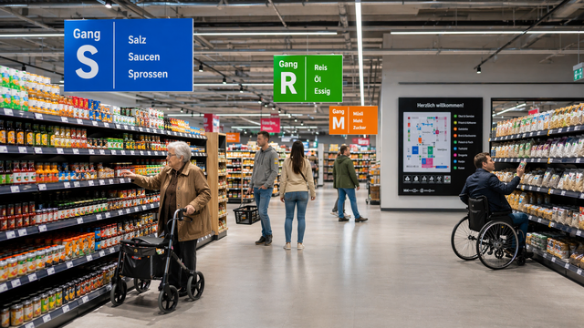 Unterschiedliche Farben für verschiedene Warengruppen und breitere Gänge können die Orientierung erheblich erleichtern und sind ein bewährtes Mittel der barrierefreien Gestaltung. (ries/Ki-generiert) 