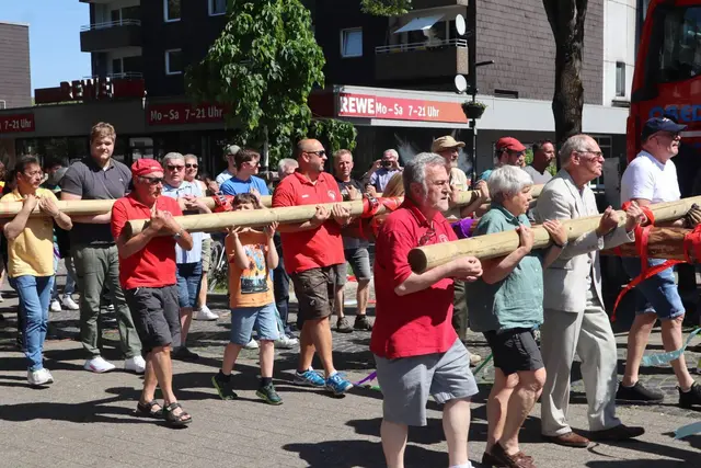 Der neue, frisch geschlagene Baum wird nach dem schweißtreibenden Heranschleppen mit späterer Hilfe durch Kran und Hubwagen unter den Klängen des Tambourcorps Rheinklänge über Häuser und Bäume hinweg in den Neumühler Himmel ragen.
Foto: Kurt Niedermeier
