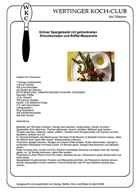 Rezeptblatt: Grüner Spargelsalat mit getrockneten Kirschtomaten und Büffel-Mozarella.