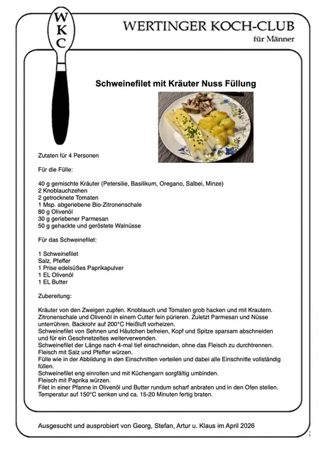 Rezeptblatt: Schweinefilet mit Kräuter-Nuß Füllung.