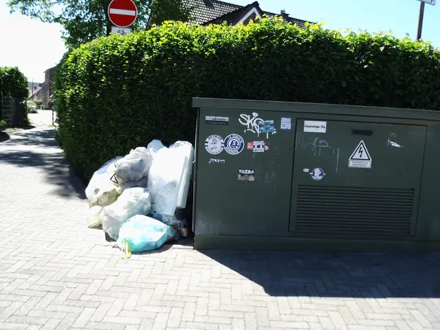 Gelbe Säcke an Trafostation (Hauptstege 35 a) angelehnt.
Standort: Wesel, Hauptstege | Foto: Siegmund Walter, 01.05.2026, 