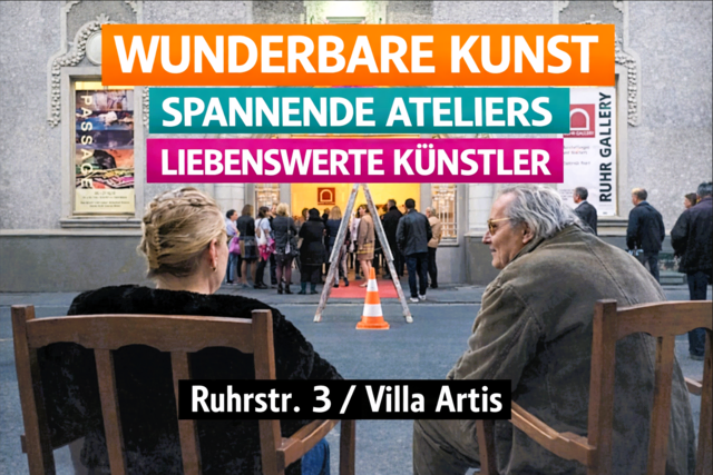 WUNDERBARE KUNST - SPANNENDE ATELIERS - LIEBENSWERTE KÜNSTLERINNEN UND KÜNSTLER
Villa Artis Mülheim - Kultuort / Kunstgalerie / Kunstmuseum / Atelierhaus
Ort / Engang:  "Ruhrstr. 3 / Ecke Delle"
ÖPNV:  "Stadtmitte - Mülheim an der Ruhr"
NAVI &amp; PARKEN: "Delle"  und "CASINO" | Foto: Dr. Friedrich Stavenhagen, Kunstverein Mülheim KKRR