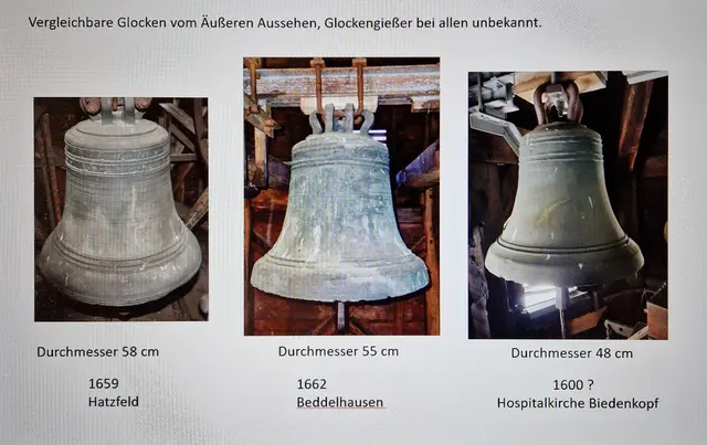 Vergleich der Glocken aus Hatzfeld und Beddelhausen, lassen den Schluß zu, dass sie aus der gleichen Zeit stammen, vielleicht war es auch der gleich Glockengießer (bei allen Glocken unbekannt)
