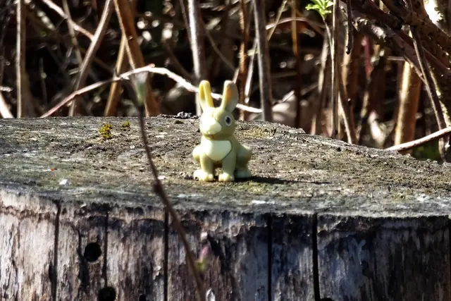 ein kleiner Osterhase auf einem Baumstumpf am Rundweg um den Gondelteich