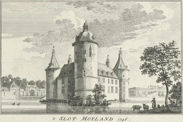 Schloss Moyland 1746, Stich nach einer Zeichnung von Jan de Beijer | Foto: Wikipedia, Gemeinfrei, Hochgeladen von Sir Gawain - https://de.wikipedia.org/wiki/Schloss_Moyland#/media/Datei:SchlossMoyland1746.jpg