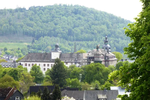 Blick über das Schloss Berleburg zum Limburg (579 m).