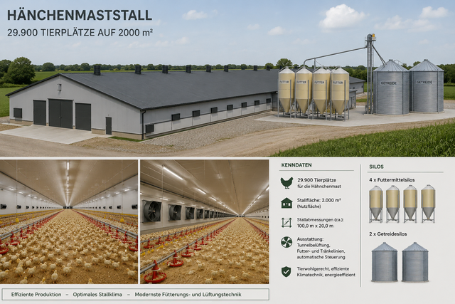 KI generiertes Fotos Errichtung eines Hähnchenmaststalls mit 29.900 Tierplätzen auf 2000 Quadratmetern sowie vier Futtermittelsilos und zwei Getreidesilos. (Quelle Bericht AZ vom 23.04.2026) | Foto: KI generiertes Fotos