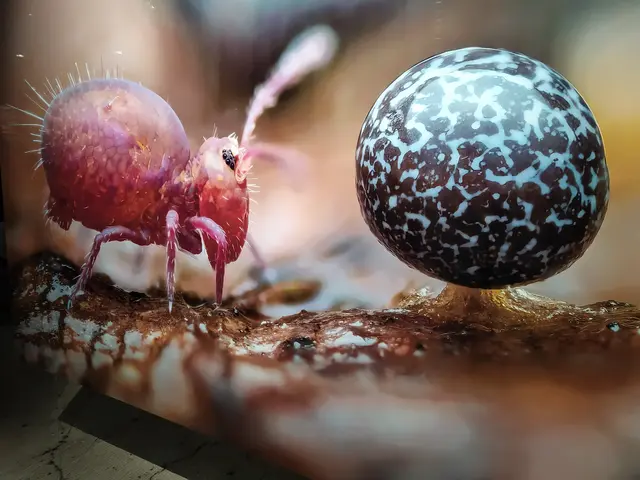 Ein roter Springschwanz mit dem Fruchtkörper eines Schleimpilzes | Foto: Abbildung eines Bildes aus der Ausstellung