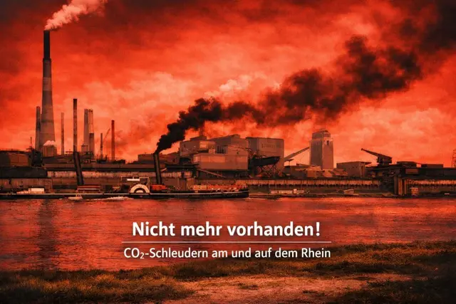 Plakat zur fortschreitenden Defossilisierung - ehemaliges Krupp Hüttenwerk in Duisbirg Rheinhause und ein Kohlefrachtschiff 