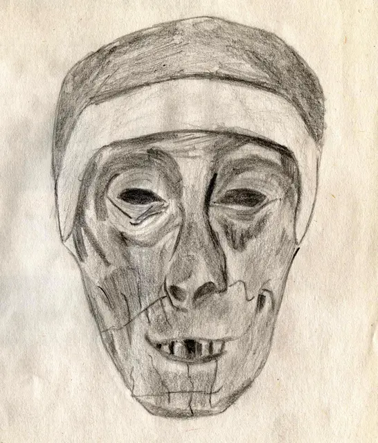 Der Kopf unter der Maske. Leider ist die Mumie, im Gegensatz zu anderen Pharaonen, in keinem guten Zustand. Ätherische Öle haben ihr stark zugesetzt. Und ebenfalls im Gegensatz zu den anderen Pharaonen liegt er heute noch in seinem Grab im Tal der Könige. | Foto: Kurt Wolter (eigene Zeichnung)
