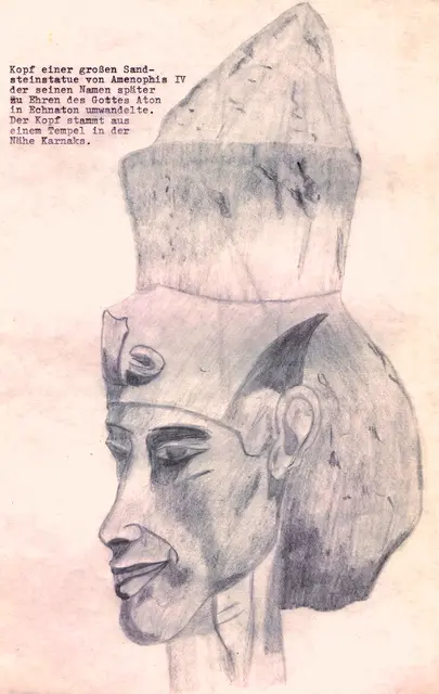 Vater Tutanchamuns war der "Ketzerkönig" Echnaton, dessen Gemahlin Nofretete. Er verlegte die Hauptstadt Ägyptens von Memphis nach at Aton (heute Tel el Armarna) und schwor der Götterwelt ab. Allein der Sonnengott Aton wurde zum einzigen Gott erklärt.    | Foto: Kurt Wolter (eigene Zeichnung)