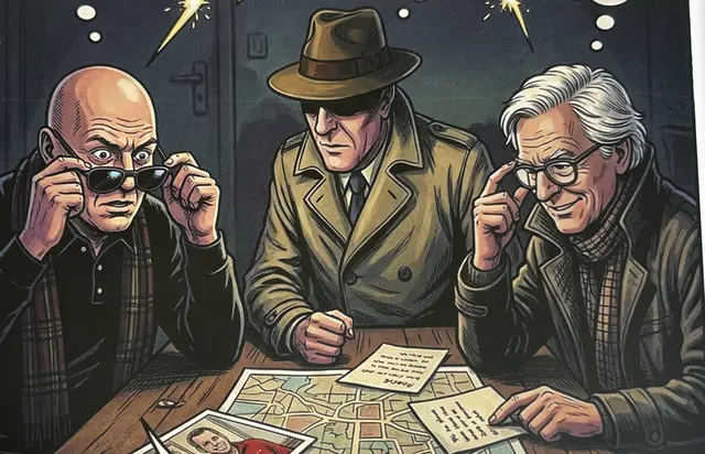 Die 3 Ermittler v.l. The Butcher, Galerist Ivo, Thomas im Comic "Bulwvur - Wächter der Zeit"