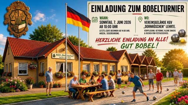 Vereinsheim des Kleingärtnervereins Dornröschen mit Fahnen, Menschen beim Boßeln und dekorativen Boßelkugeln; Poster zum Boßelturnier 2026.