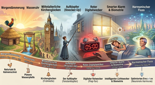 Aufwachen leicht gemacht: Die Zeit-Reise-Karte Dieses Bild ist wie eine große Landkarte für die Zeit. Es zeigt dir, wie Menschen früher aufgewacht sind. Und wie sie heute aufwachen. Und wie sie vielleicht in der Zukunft aufwachen.  Teil 1: Ganz Früher (5000 v. Chr.) Hören wir das Tier? Ein Hahn steht auf einem Dach. Er schreit laut: "Kikeriki!" Die Menschen wussten: Jetzt ist Morgen. Ein großes Ohr zeigt: Wir müssen zuhören.  Wasser macht Ton. Eine große Maschine mit Wasser. Wasser tropft langsam. Wie eine Sand-Uhr. Wenn das Wasser leer ist, pfeift die Maschine. Ein Pfeif-Ton weckt dich. Ein Wasserhahn und eine Pfeife sind als Zeichen dabei.  Teil 2: Früher (Mittelalter & 1800er Jahre) Dorf-Glocken läuten. Eine große Kirche mit einem hohen Turm. Eine große Glocke klingelt laut im ganzen Dorf. Die Glocke sagt: Alle müssen aufstehen.  Jemand klopft an dein Fenster. Ein Mann geht durch die Straßen. Er hat einen sehr langen Stock. Er klopft damit an die Fenster von Häusern. Das Klopfen weckt die Menschen. Ein Fenster und ein Stock sind als Zeichen dabei. Ein kleines Text-Feld sagt: Klopfen-Text.  Teil 3: Heute (Roter Digitalwecker & Smart Alarm) Rote Lichter, laut Piep. Ein roter Wecker auf einem Tisch. Er leuchtet rot. Er piept laut. Das ist sehr hell und laut. Eine Sirene und ein Licht-Zeichen sind dabei. Du musst einen Knopf drücken, damit es ruhig wird.  Dein Körper sagt, wann du wach bist. Eine Frau trägt eine schlaue Uhr (eine Smartwatch) am Handgelenk. Die Uhr und ein kleiner Computer wissen, wann dein Körper bereit zum Aufwachen ist. Ein rotes Herz und eine Uhr als Zeichen zeigen: Dein Herz und dein Körper helfen.  Zuerst Licht, dann Ton. Ein Licht geht langsam an. Es wird immer heller. Wie die Sonne. Dann piept es ganz leise. Das ist sanfter als der rote Wecker. Ein Licht-Schalter ist als Zeichen dabei.  Teil 4: Bald (Zukunft - Harmonischer Fluss) Alle schlafen gut & wachen sanft auf. In der Zukunft wohnen Menschen in schönen, sauberen Städten. Alle Menschen schlafen gut. Und alle Menschen wachen sanft auf. Ein Gehirn mit einem Herz zeigt: Kopf und Herz sind ruhig.  Ein schönes, neues Leben. Es gibt keinen lauten Piep-Ton mehr. Das Aufwachen ist friedlich.  Ganz Unten: Eine Zeitleiste Unter dem großen Bild ist ein Band. Das Band zeigt dir, wie lange das alles her ist. Es geht von "Morgendämmerung Vor 5000 Jahren" bis zu "Bald Harmonischer Fluss". Die kleinen Zeichen (Tier, Wasser, Glocke, Stock, Wecker, Licht, Gehirn) helfen dir zu wissen, wo du bist.