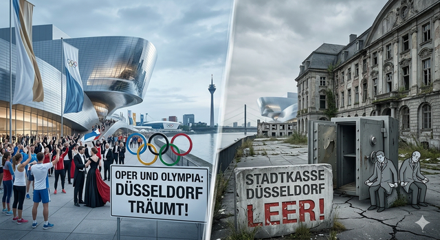 Opernhaus und Olympia vers. leere Kassen. | Foto: Ki-generiert/ries