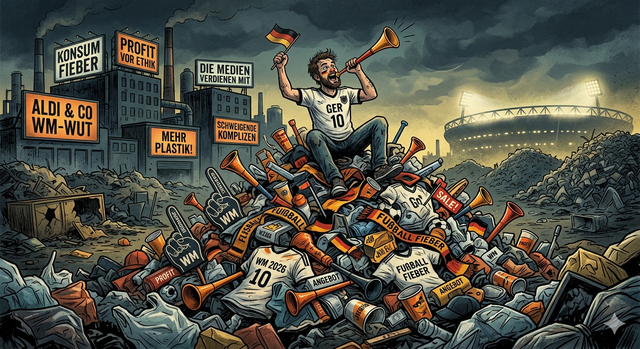 Fußball-WM Barrierefrei: Ein Berg von weggeworfenen Trikots, Tröten und Plastikartikeln unter einer düsteren Industriekulisse, während im fernen Hintergrund ein erleuchtetes Stadion und jubelnde Silhouetten die ursprüngliche Magie des Fußballsports andeuten