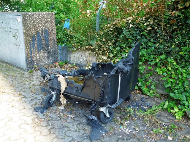 Abgebrannte große Mülltonne auf dem Marktplatz in der Feldmark, Feldmark ein Ortsteil der Stadt Wesel.
Sachstand: 16.06.2026, 16:52 Uhr | Foto: Siegmund Walter, 16.06.2026, 16:52 Uhr