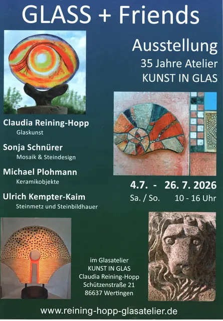 Der Werbeflyer von der Ausstellung: GLASS + Friends - in Wertingen. Anlass: 35 Jahre Atelier "KUNST IN GLAS". | Foto: Repro: Otto Killensberger