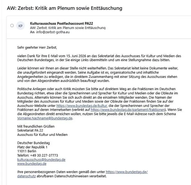 (Antwort des Kulturausschusses des Bundetages)          .
.

