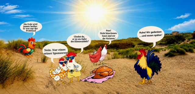 Hintergrund: Eine Dünenlandschaft von Borkum.
Die Hühner sind von Pixabay für die Geschichte zusammengebastelt