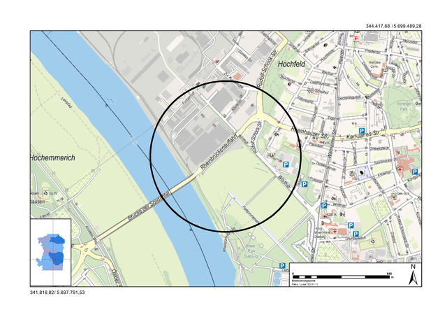 In der Evakuierungszone (Umkreis von 500 Metern um den Fundort) leben rund 640 Anwohnerinnen und Anwohner.
Foto/Plan: Stadt Duisburg