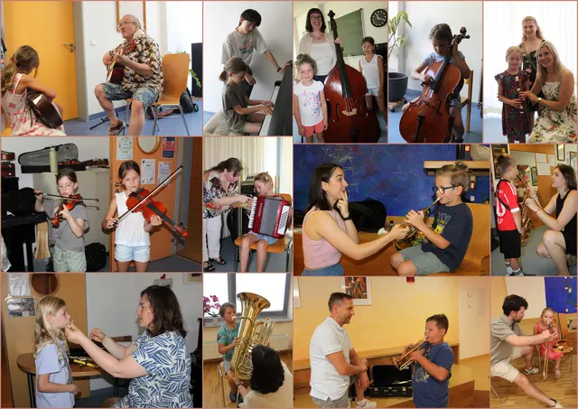 Beim Tag der offenen Tür der Musikschule Wertingen konnten Musikinstrumente ausprobiert werden. Mit großer Begeisterung versuchten sich die jungen Besucher auch an den großen Instrumenten.