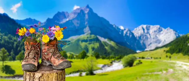 Wanderschuhe mit Blumen in schöner bayerischer Landschaft | Foto: Adobe Stock - Wolfilser