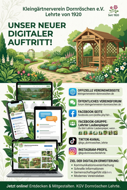 Modernes Poster im Format 2:3 mit Garten- und Digital-Elementen, das die neuen Online-Angebote des KGV Dornröschen Lehrte zeigt: Webseite, Forum, Facebook-Seite, Facebook-Gruppe, Instagram und TikTok.